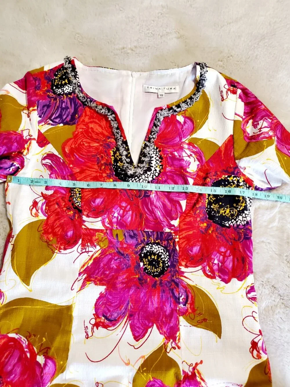 Trina Turk Floral Shift Dress Sz 10 Pink Cotton Fringe Resort Chic Hamptons - Picture 11 of 13